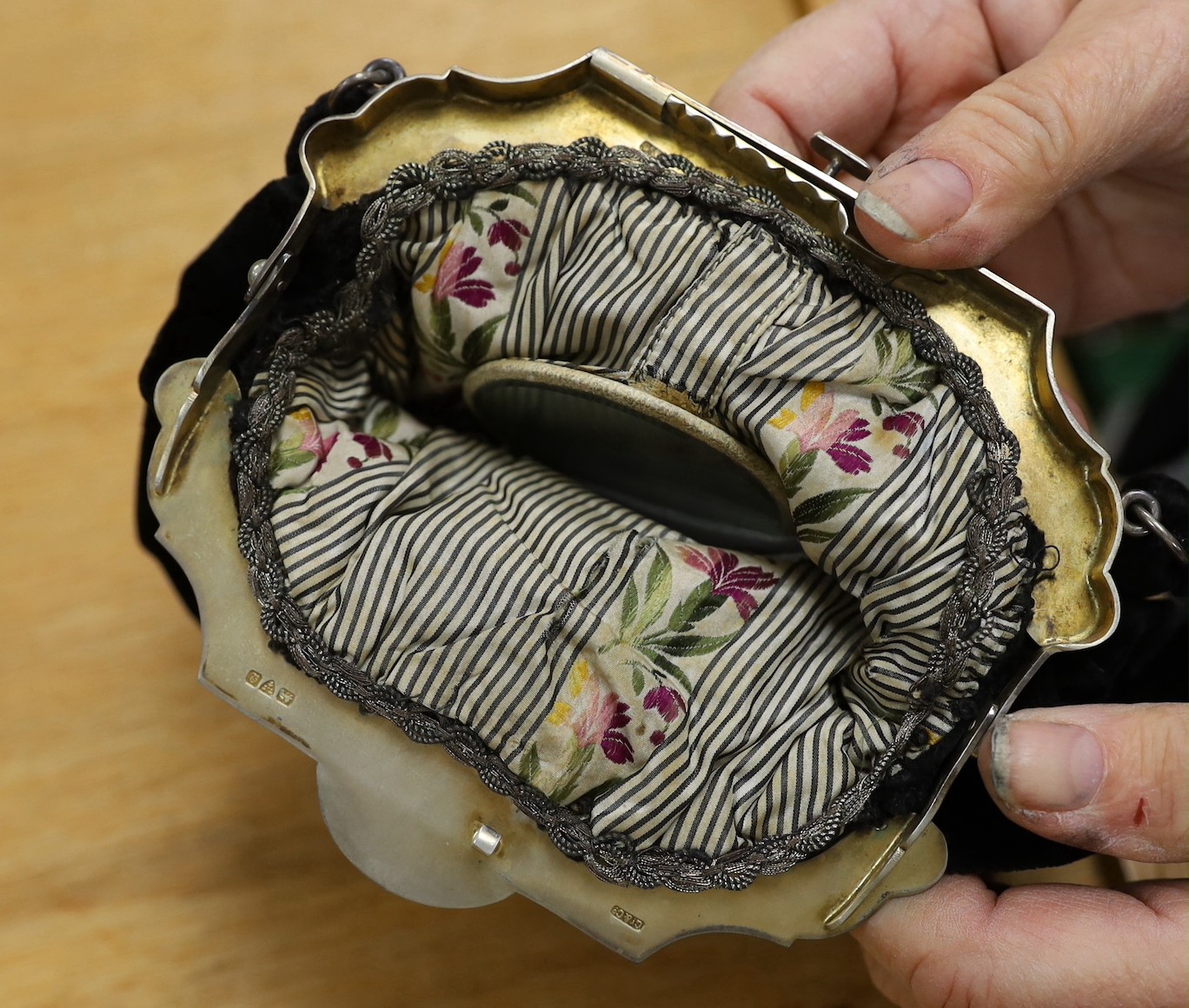 A 1930’s evening bag with silver frame, seven 1930’s-40’s evening bags with diamante encrusted Bakelite frames and clasps, a costume jewelled bag and two gilt and sequin bags